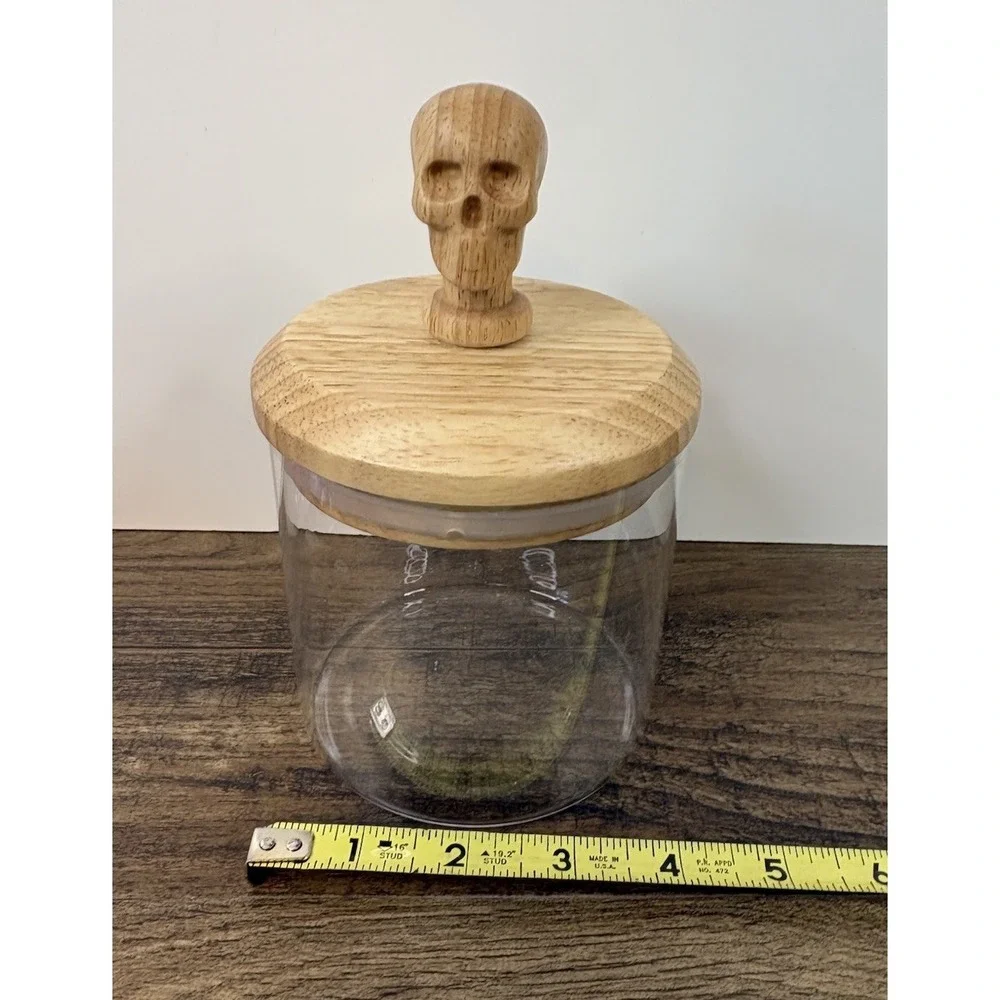 Clear Glass Jar Dish With Wooden Skull Lid Halloween Skeleton